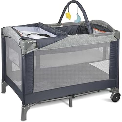 3-in-1 Pack and Play Playard with Bassinet and Changing Station | Portable Baby Playard for Travel, Foldable Play Pen for Newborns and Toddlers, 2 Locking Wheels, Breathable Mesh (Caramel)