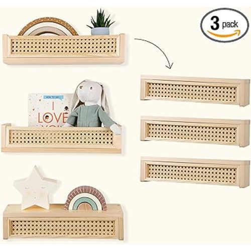 Rattan Shelf 3 Pack, 16 inch Nursery Shelves for Wall, Rattan Decor Boho Shelves, Rattan Bookshelf for Nursery, Floating Book Shelves for Wall, Nursery Shelf, Nursery Book Shelves, Rattan Wall Shelf
