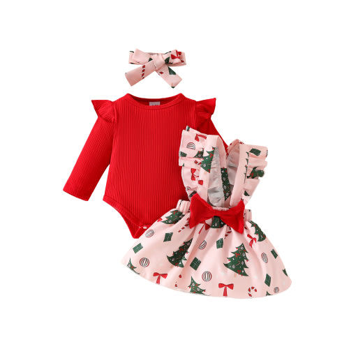 Baby Toddler Girls Christmas Outfits 0 3 6 12 18 Months Long Sleeve Romper + Bow Suspender Skirt + Headband Set Newborn Clothes