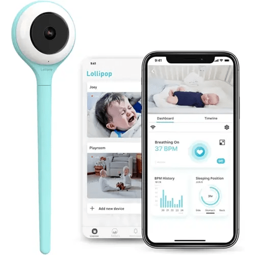 Lollipop Baby Monitor (Turquoise) - with Contactless Breathing Monitoring (No Extra Sensor Required, Subscription Service), Sleep Tracking and True Crying Detection, Smart AI WiFi Baby Camera