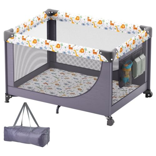 VEVOR Baby Playpen Travel Crib, Quick-Fold Portable Play Yard with Wheels, Breathable Mesh & Carry Bag, 0–36 Months