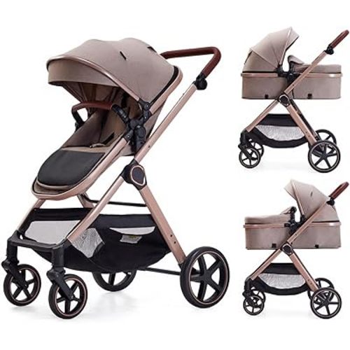 2 in 1 Baby Stroller, Newborn Infant Toddler Convertible Bassinet Pram Stroller for 0-36 Months Old Babies (Beige)