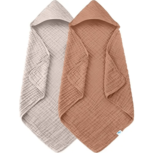 SWEET DOLPHIN Muslin Hooded Baby Bath Towels - 2 Pack 100% Cotton Towel for Babies, Infants, Toddlers - 32x32Inch - Highly Absorbent and Newborn Essential, Light Bean Paste