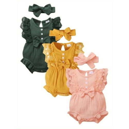 Mikrdoo Baby Girls' Bodysuit - 3 Pack Lace Decorated Comfy Cotton Onesie Romper - 0-3 Months