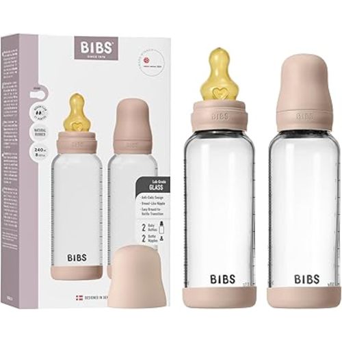 BIBS Glass Baby Bottles 2-Pack, 8.1 Oz. Anti-Colic System for Gas Reduction. Vented Round Natural Rubber Latex Nipple. Supports Infant and Newborn Breastfeeding - 240 ml (Pack of 2), Blush
