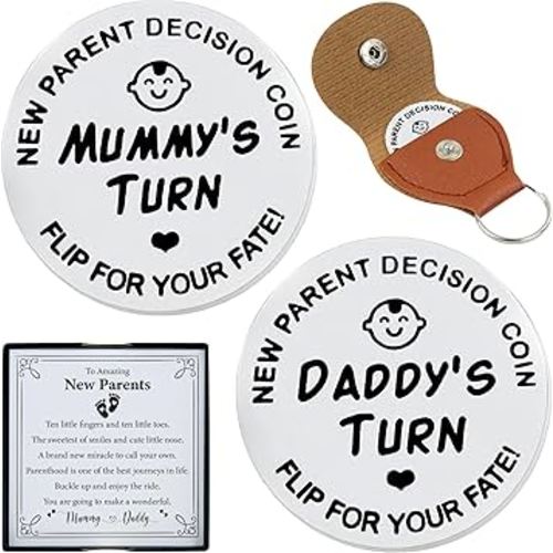 New Parent Flip Decision Coin with Leather Case – Mommy vs Daddy Turn, Fun Keepsake to Share Baby Care Duties & Parenting Tasks, Baby Shower, Pregnancy & Maternity Gift for New Moms & Dads