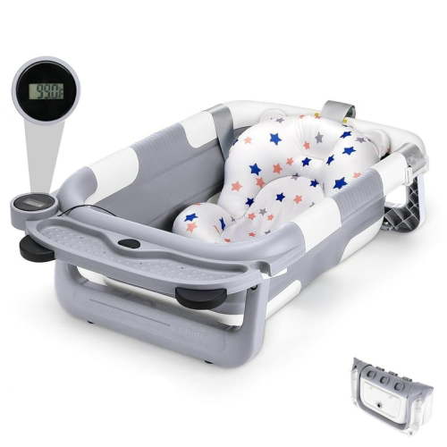 JOJOLAM Collapsible Baby Bathtub , Infant Folding Bath Tub with Thermometer, Soft Floating Cushion & Mesh Net, Gray