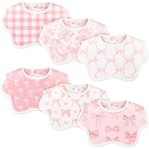 6 Pack Baby Muslin Bibs for Girls Boys Adjustable 100% Cotton Soft for Drooling and Teething Organic Lap-Shoulder
