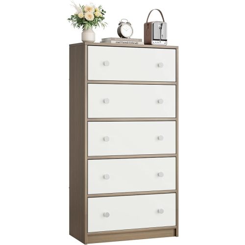 Nicehill Dresser for Bedroom with 5 Drawers, Fabric Dresser Storage Tower, Chest of Drawers for Closet, Living Room, Hallway, Entryway, Wooden Dressers (Light Wood Grain and White)