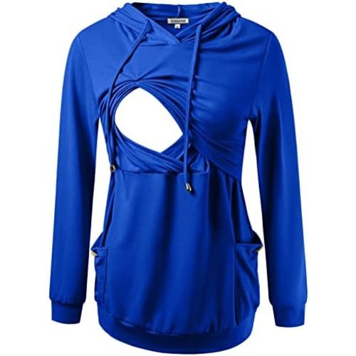 GINKANA Womens Nursing Hoodie Top Sweatshirt Long Sleeve Button Decoration Pockets Shirts Tunic Top