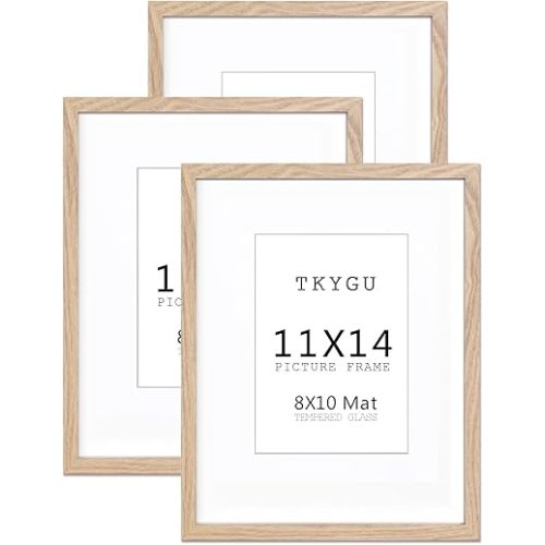 11x14 Picture Frame wooden set of 3, 11x14 mat to 8x10 Modern Style Wood Composite frames 11by14 Poster Fram Tempered Glass Photo Frames for Wall Art Prints for Home Decor