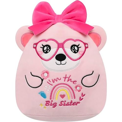 Big Sister Gifts Bear Plush - Cute "I'm the Big Sister" Plush Bear with Big Bow Heart Glasses Rainbow Embroidery Toy Sister Gift for Girl Sibling Kid’s Birthday Baby Shower Bear Gift for Toddler 10in