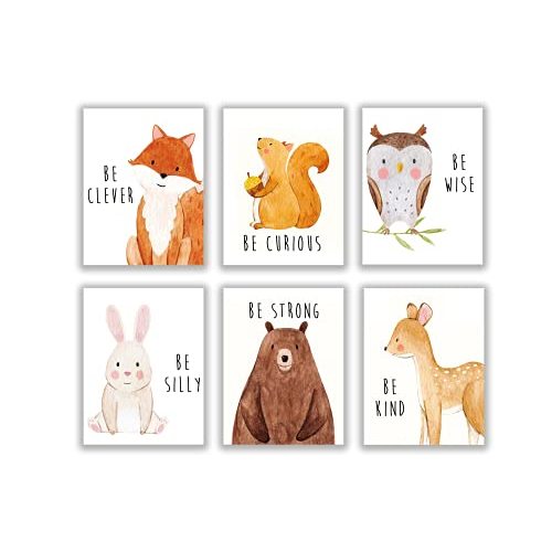 Set of 6 Baby Animal Nursery Wall Art Prints - Cute & Inspirational Decor for Baby Girls & Boys, Kids Room, Playroom, Nursery - Unframed 8x10 Inch Posters - Woodland Animal Nursery Decor