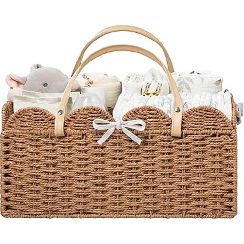 HBlife Large Baby Diaper Caddy, Paper Rope Storage Baskets Nursery Bin with Removable Divider, Portable Car Organizer for Diapers, Baby Shower Gifts, Newborn Essentials Must Haves