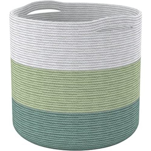 Tall Recycled Cotton Laundry Basket - Woven Rope Blanket Storage Basket, Pillows, Toys, Towels, Laundry, and Living Room Organization -15x15x17.7" - Eco-Friendly and Stylish, Green & White
