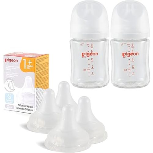 Pigeon Glass Baby Bottle(5.4 Oz, Pack of 2) with 4 Latch-On Line Silicone Nipples, Newborn Feeding Set(0~3M)