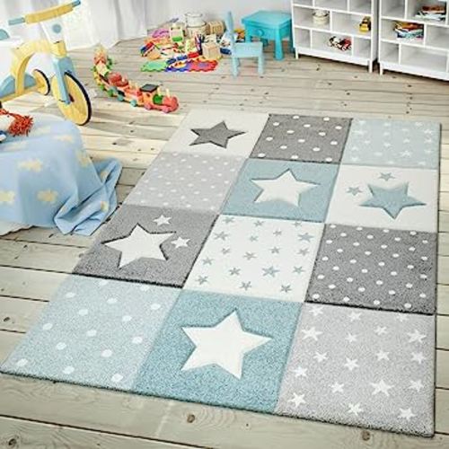 Paco Home Kids Rug for Nursery Checkered with Dots & Stars in Blue White Grey, Size: 6'7" x 9'6"