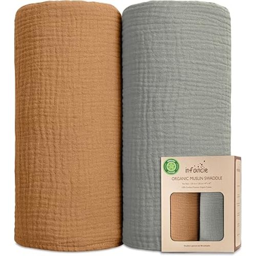 Organic Cotton Baby Muslin Blanket - Breathable, Large 47x47 inches for Baby Swaddle Blanket Hypoallergenic Muslin Baby Blankets, Versatile, Double Layer (Gold/Sage)