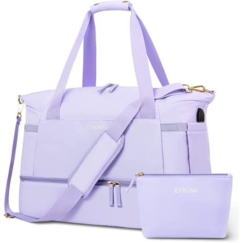 Gym Bag for Women, Sports Travel Duffel Bag with USB Charging Port, Weekender Overnight Bag with Wet Pocket and Shoes Compartment for Women Girls Travel, Gym, Yoga, School (Purple)