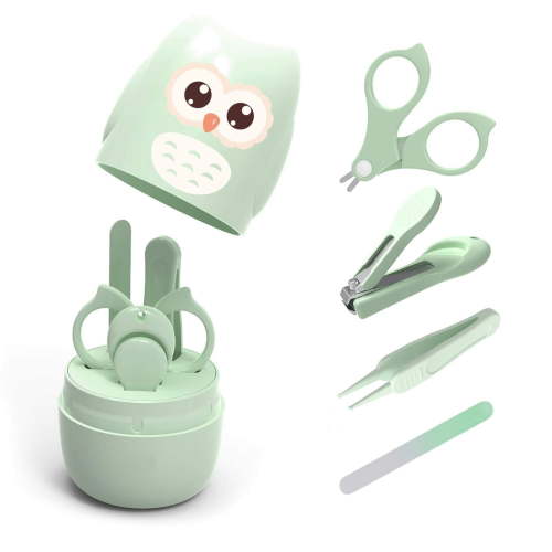 Baby Nail Kit, 4-in-1 Baby Nail Care Set with Cute Case, Baby Nail Clippers, Scissors, Nail File & Tweezers, Baby Manicure Kit and Pedicure kit for Newborn, Infant, Toddler, Kids-Owl Green-1 Pcs