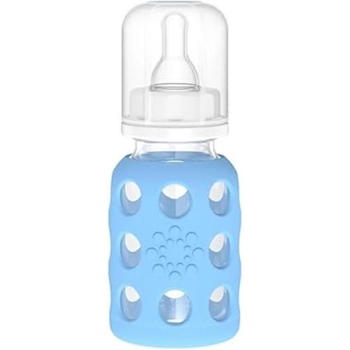 Lifefactory 4-Oz Glass Baby Bottle with Protective Silicone Sleeve and Stage 1 Nipple Sky Blue