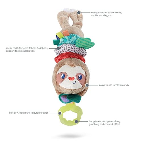 Infantino Music & Motion Pulldown Sloth - Musical Plush Sloth with Multi-Textured teether for Tactile Exploration, Easily attaches to Strollers and Gyms, BPA-Free