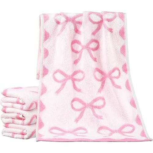 4 Pcs Bow Hand Towels for Bathroom 13 x 29'' Soft 100% Cotton Coquette Face Towel Kitchen Decor Absorbent Facecloth Preppy Bathroom Decor Bridal Shower Wedding Gift (Pink,Cute Style)