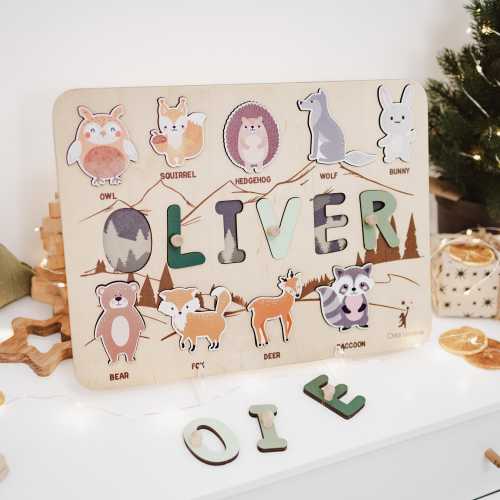 Woodland Theme, Name Puzzle Board, Baby Gift Personalized, Puzzle With Forest Animals