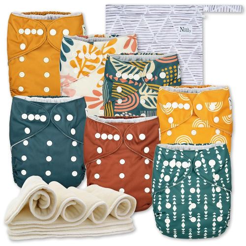 Nora's Nursery Cloth Diapers 7 Pack with 7 Inserts & 1 Wet Bag - Waterproof Cover, Washable, Reusable & One Size Adjustable Pocket Diapers for Newborns and Toddlers - The Keys