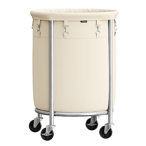 SONGMICS Laundry Basket with Wheels, Rolling Laundry Hamper, 29 Gal., Round Laundry Cart with Steel Frame and Removable Bag, 4 Casters and 2 Brakes, Cream and Silver URLS002W01