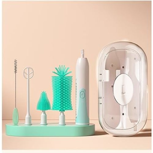 Electric Baby Bottle Brush Travel Set with Automatic Spinning Bottle Brush,Straw Brush and Electric Milk Frother,Suitable for Newborn Babies (Green)