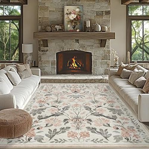 8x10 Area Rugs Washable Rug: Lagre Boho Living Room Rug Soft Anti-Skid Thin Carpet Indoor Floor Non-Shedding Neutral Floral Carpets for Bedroom Dining Room Farmhouse Nursery Pink