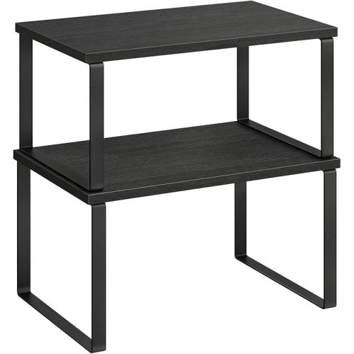 SONGMICS Cabinet Organizer Shelf, Set of 2 Kitchen Counter Shelves, Kitchen Storage, Spice Rack, Stackable, Expandable, Metal and Engineered Wood, Ink Black and Ebony Black UKCS02B01