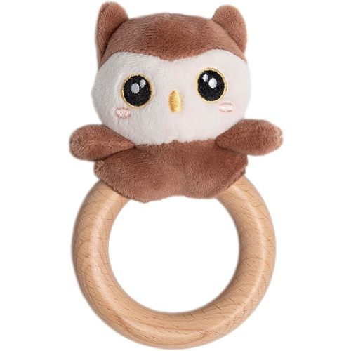 Pearhead Owl Wooden Baby Teething Ring, Soft Plush Animal Lovey Toy, Natural Safe Wood Infant Rattle Teether for Teething Discomfort, BPA-Free Newborn Teething Relief Ages 0m+