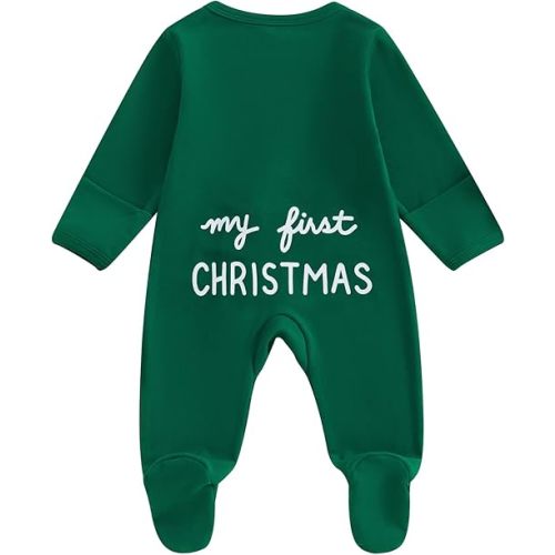 Lamuusaa Newborn Baby Girl Boy Christmas Outfit My First Christmas Footie Romper Zipper Bodysuit Jumpsuit Fall Winter Clothes