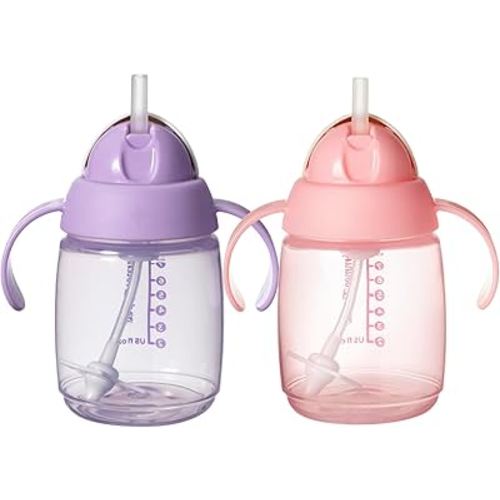 Tommee Tippee Starter Straw Cup, Easy Transition Toddler Cup For 6 Months+, 10oz with Silicone Weighted Straw and Easy-Hold Handles, Pack of 2, Pink and Purple