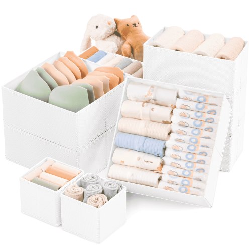Criusia 9 Pack Drawer Organizers for Clothes, Foldable Fabric Closet Organizers and Drawer Dividers for Clothing, Baby Clothes, Socks, Underwear & Accessories, White