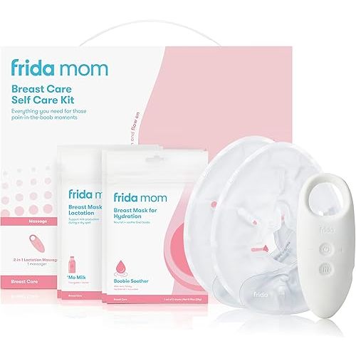 Frida Mom Breastfeeding Essentials Kit, Heat Pads, 2-in-1 Lactation Massager, Hydration Mask, 9pc Set
