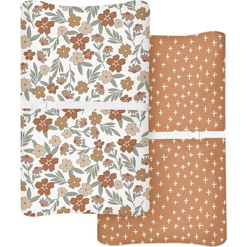 Changing Pad Cover for Baby Boys Girls 2 Pack, Fits Standard 32”×16” Changing Table Pads, Silky Breathable Stretch Knit, Machine Washable (Rusty Garden)