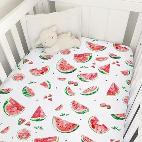 Watercolor Watermelon Baby Crib Sheet 52''x28'' Watermelon Leaves Stretchy Fitted Crib Mattress Cover for Boy Girl Tropical Summer Fruits Soft Nursery Bed Sheet for Standard Crib and Toddler Mattress