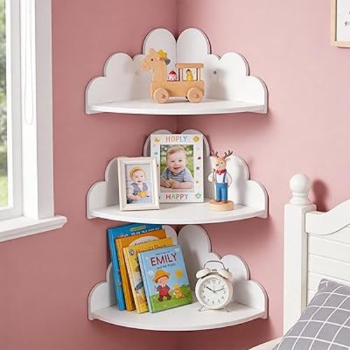 White Cloud Floating Corner Shelves Set of 3, Corner Shelves Wall Mounted for Kids Room Nursery, Cloud Decor Wall Shelf & Nubes para Decorar Cuarto Storage Shelves for Toys Plants