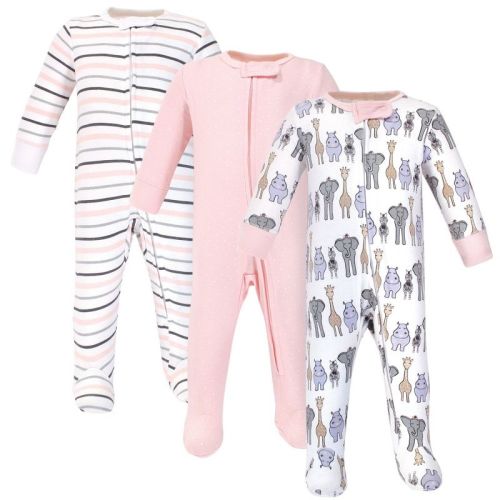 Hudson Baby Infant Girl Cotton Zipper Sleep and Play 3pk, Pink Safari, 3-6 Months