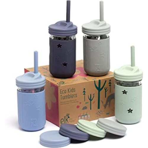 Elk and Friends Smoothie Cups For Kids & Toddler | The Original Glass Mason Jars 12 oz with Silicone Sleeves & Straws |Spill Proof|