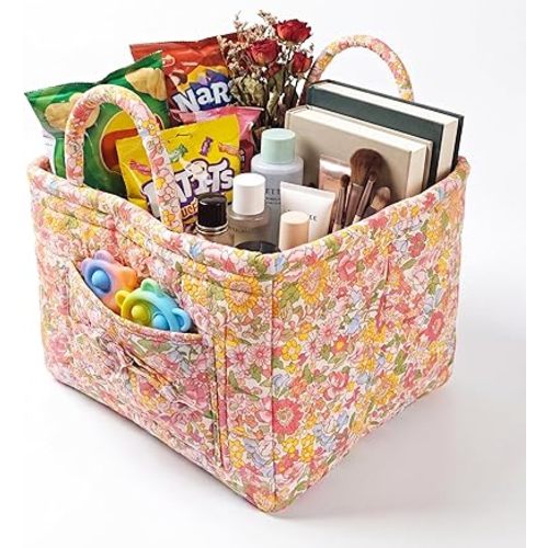 Quilted Laundry Basket with Handles,1.2cm Thick Padded Fabric Car Storage Basket for Organizing Clothes, Boho Floral Collapsible Home Storage Hamper, 13x10x10.6 Inches (4 Color Options)