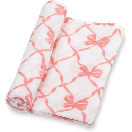 LollyBanks Baby Blankets, 100% Muslin Cotton Swaddle Blanket for Girls, Soft and Large 47 x 47 Inches Newborn Swaddle, Breathable Baby Receiving Blankets, Registry (Pink Bow Print)