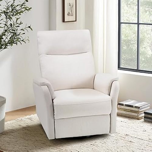 COLAMY Swivel Rocking Single Sofa, Recliner Sofa with Extra Large Footrest, High Back, Upholstered Fabric Reclining Single Sofa for Living Room-White