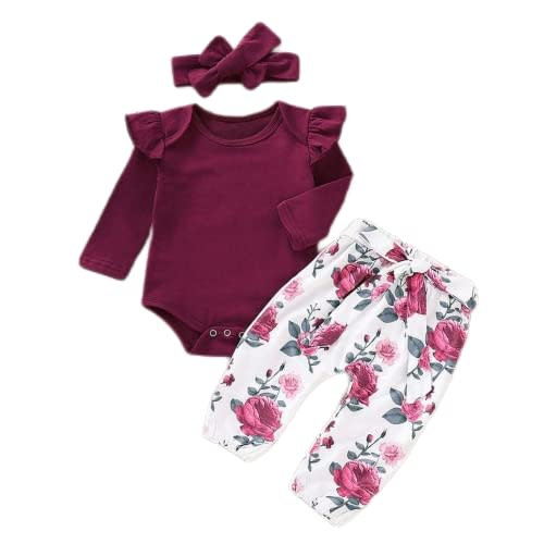 Aoswep Newborn Baby Girl Clothes, Infant Girl Outfits Long Sleeve Ruffle Romper + Floral Pants + Headband Set
