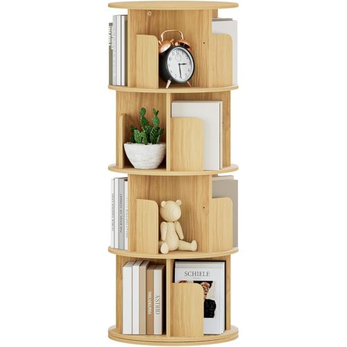 OTK Rotating Bookshelf, 360° Display Standing Book Shelf Organizer, 4 Tier Wooden Corner Bookshelves for Small Space, Small Bookcase Storage Rack for Kids' Room, Study Room, Bedroom, Natural