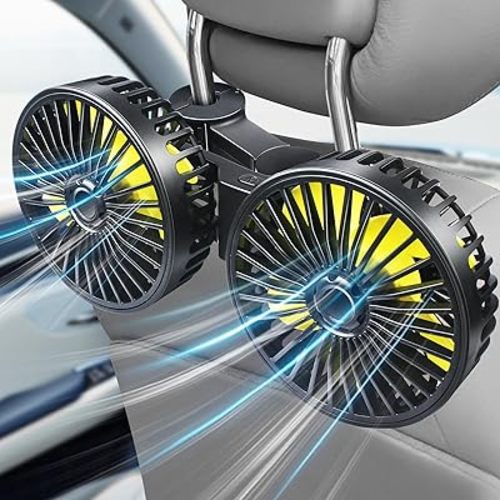 Poraxy Car Fans for Backseat Kids, Dual Head Car Fans that Blow Cold Air, Cooling USB Back Seat 3 Speed 360 Degree Rotatable Headrest Fan, Adjustable Clip Vehicles Rear Seat Air Fan for Sedan SUV RV