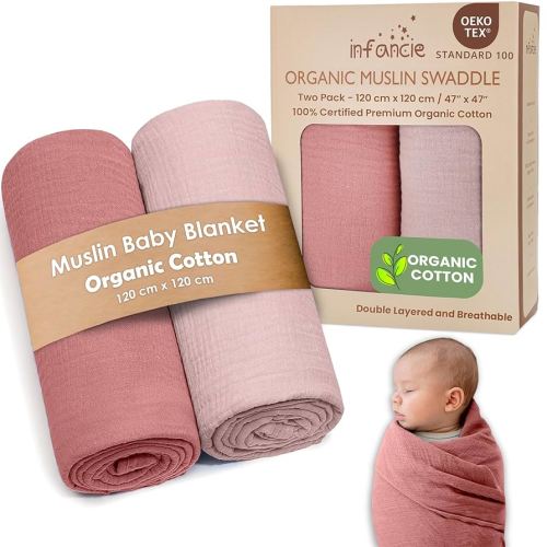 Organic Cotton Muslin Baby Blanket - 47x47 Inch Breathable Swaddle, Hypoallergenic Double-Layer, Versatile Use (Rose/Peach)